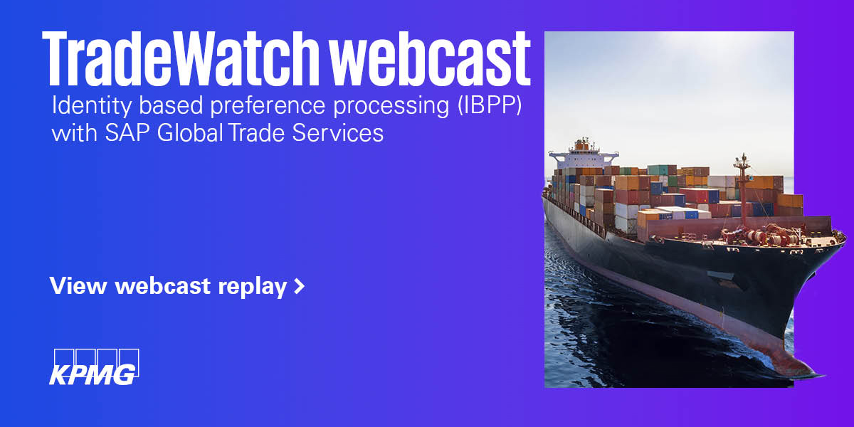 KPMG_US's tweet photo. How can your business benefit from implementing GTS identity-based preference processing (IBPP)? Watch the TradeWatch webcast replay with #KPMGTax #TradeCustoms professionals to learn more about successfully implementing GTS IBPP and more:
https://t.co/9LrKPJHfGt https://t.co/pKFaGM0EZk