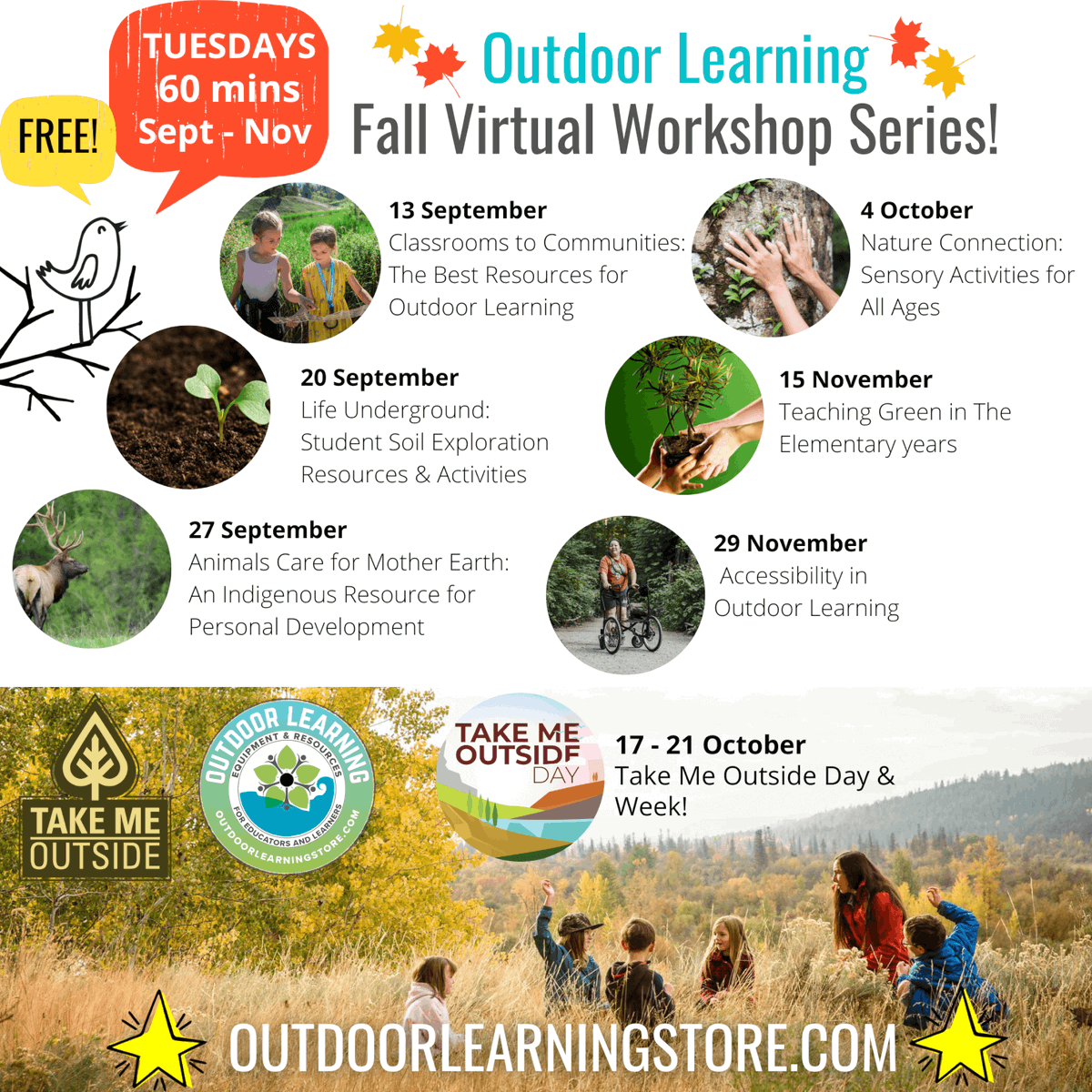 #Educators! Sign-up for FREE #Fall Outdoor Learning Virtual Workshops from <a href="/TheOLStore/">The Outdoor Learning School & Store</a>!
 
60 mins jam-packed with ideas, inspiration &amp; resources from top outdoor learning organizations in NAm!
Register: outdoorlearningstore.com/workshops/
#outdoorlearning #STEMeducation #BCEd #TakeMeOutside