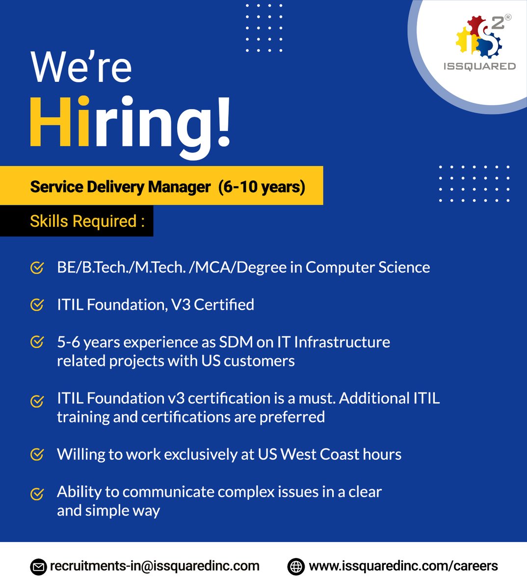 IssquaredInc's tweet photo. We are looking for a Manager- of Service Delivery from diverse background, that are keen to work in a fast-paced and agile environment.
Visit and apply- https://t.co/h3u77iqD5p
#ISSQUARED #servicedeliverymanager #servicedelivery #hiring #jobhunt2022 #jobannouncement #recuitment https://t.co/DdXJUPCGa6