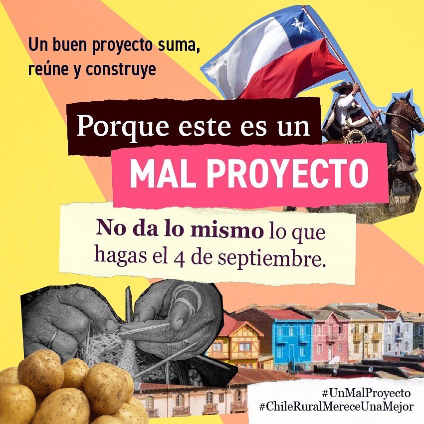 Todos queremos un cambio. Desde el mundo rural queremos que se mejore la vida de nuestras familias, pero con una mirada sostenible. La Nueva Constitución es #UnMalProyecto, no da lo mismo lo que hagas el 4 de septiembre.
 
#ChileRuralMereceUnaMejor
 
buff.ly/3P9w8O6