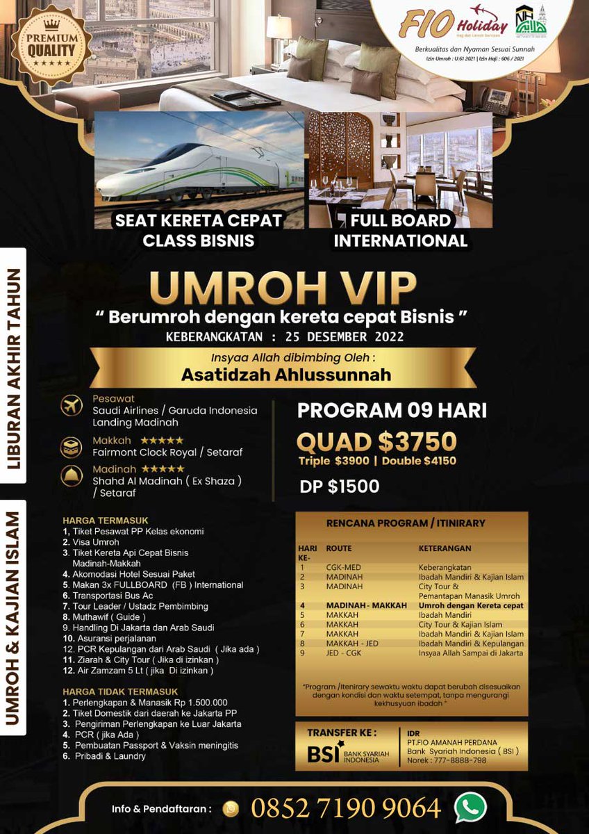 pekanbaru's tweet photo. Umroh Desember 2022, Umroh VIP 2022, Umroh Liburan 2022, Umroh VVIP
https://t.co/LiSXBtcYxW
#umroh #umrah #umrohdesember #umrohliburan #umrohvip #fioholiday #makkah #madinah #keretacepat #fullboard #fairmont #fairmontclock https://t.co/buJ8Jg9Fgq