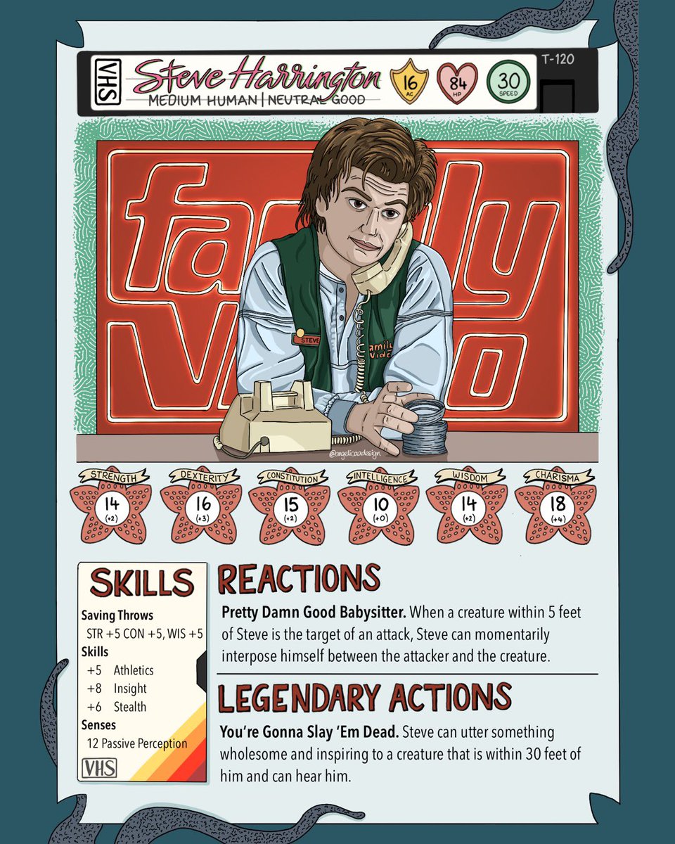 _angelicadesign's tweet photo. Other side to Steve Harrington’s #dungeonsanddragons card which was heavily inspired by Family Video #fanart #illustration #joekeery #steveharrington #steveharringtonfanart 

Credit: @AJoyce_Rivera again for his #StrangerThings character sheets 🙏🏽 https://t.co/83xklCoX5M