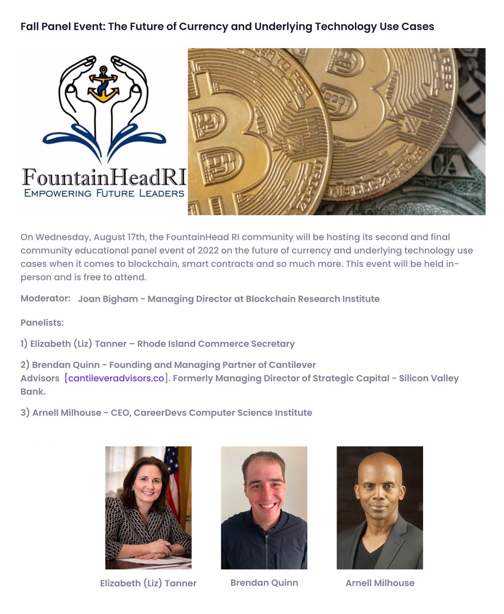ArnellMilhouse's tweet image. 8/16 - I'm on a powerhouse panel at @FountainHeadRI discussing #DeFi, #blockchain &amp;amp; the future of #Currency.
RSVP: site.smartgiving.app/EventDetailsNe…
Featuring:
- @LizTannerRI of @CommerceRI
- @ArnellMilhouse of @CareerDevs
- @BrendanQuinn84
cc: 
@blockchainRI, @projo, @GoLocalProv