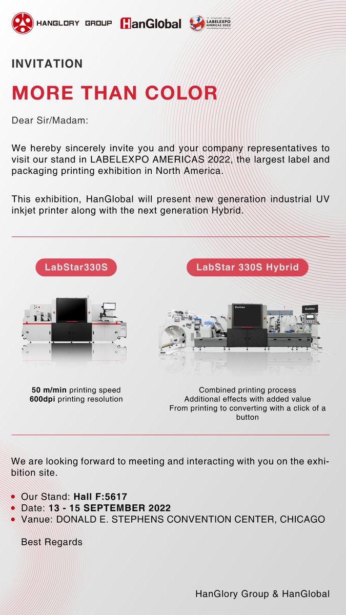 HangloryG's tweet photo. LABELEXPO AMERICAS 2022
#HanGlobal will present #new generation industrial UV inkjet printer along with the next generation #Hybrid
#LabStar series  #Label #Digitalprinter
Let's wait and see! https://t.co/6sh5FpiapK