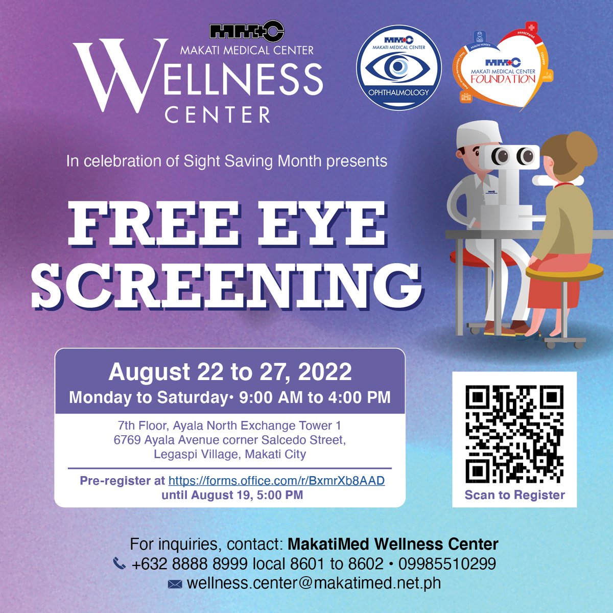 IamMakatiMed's tweet photo. Celebrate Sight Saving Month by having your eyes checked. Registration is FREE!
Pre-registration is NOW OPEN until August 19, 2022, 5:00PM. Scan the QR code or click the link https://t.co/bBzlrr9ffu to start your eye care journey. #SightSavingMonth #Ophthalmology #EyeCare https://t.co/tMPD3e9ITH