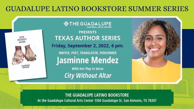 TheGuadalupe's tweet photo. Join us to celebrate the launch of CITY WITHOUT ALTAR the new book by Jasminne Mendez @jasminnemendez. She is a great poet, writer, and performer. You don't want to miss it. Hosted by The #LatinoBookstore Literary Curator Tony Diaz, El @Librotraficante. https://t.co/MF1AvyPSZx https://t.co/vjhRRLHMiZ