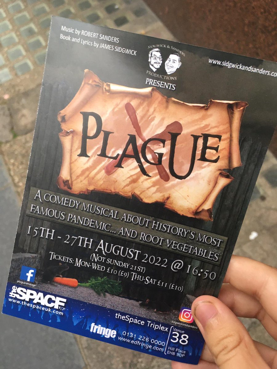 donsmacc's tweet photo. Show 4 @edfringe - Plague: The Musical @plagueonstage. Wow! So professional, certainly better than some West End Plays we've seen. Loved the premise 🥕 With @icouldmakeapun https://t.co/n2ORQ8qALj
