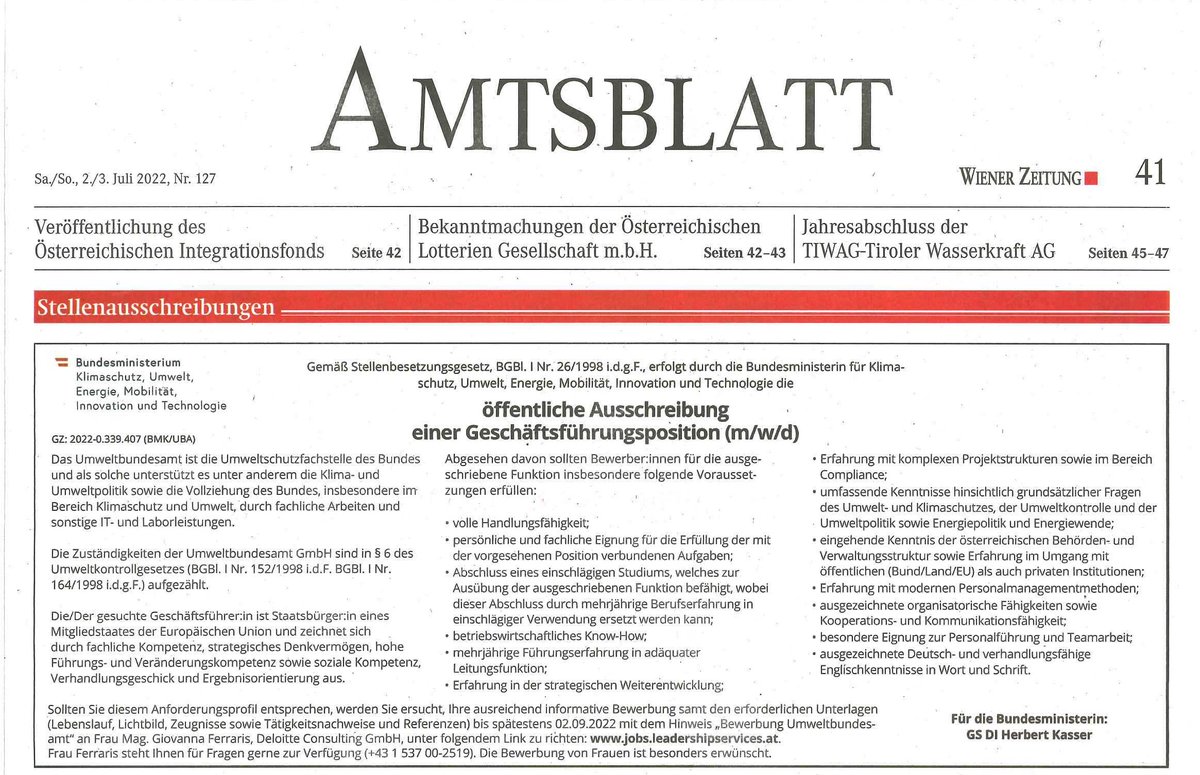 UBA_BR's tweet photo. Aufgrund von einigen Anfragen hier ist der Ausschreibungstext zur #Ausschreibung der #Umweltbundesamt #Geschäftsführung, Frauen sind besonders angesprochen..#jobsearch #greenjobs #FemPower https://t.co/88cZ5Ov8gS