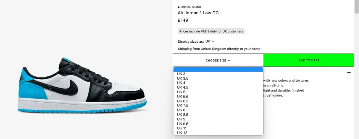 more_sneakers's tweet photo. UK ONLY : Air Jordan 1 Retro Low OG 'Black Dark Powder Blue'
Almost Full size run live on SNS UK
=>https://t.co/Bubghi08tB

Mostly gone at other stores https://t.co/0s0teKMu5L