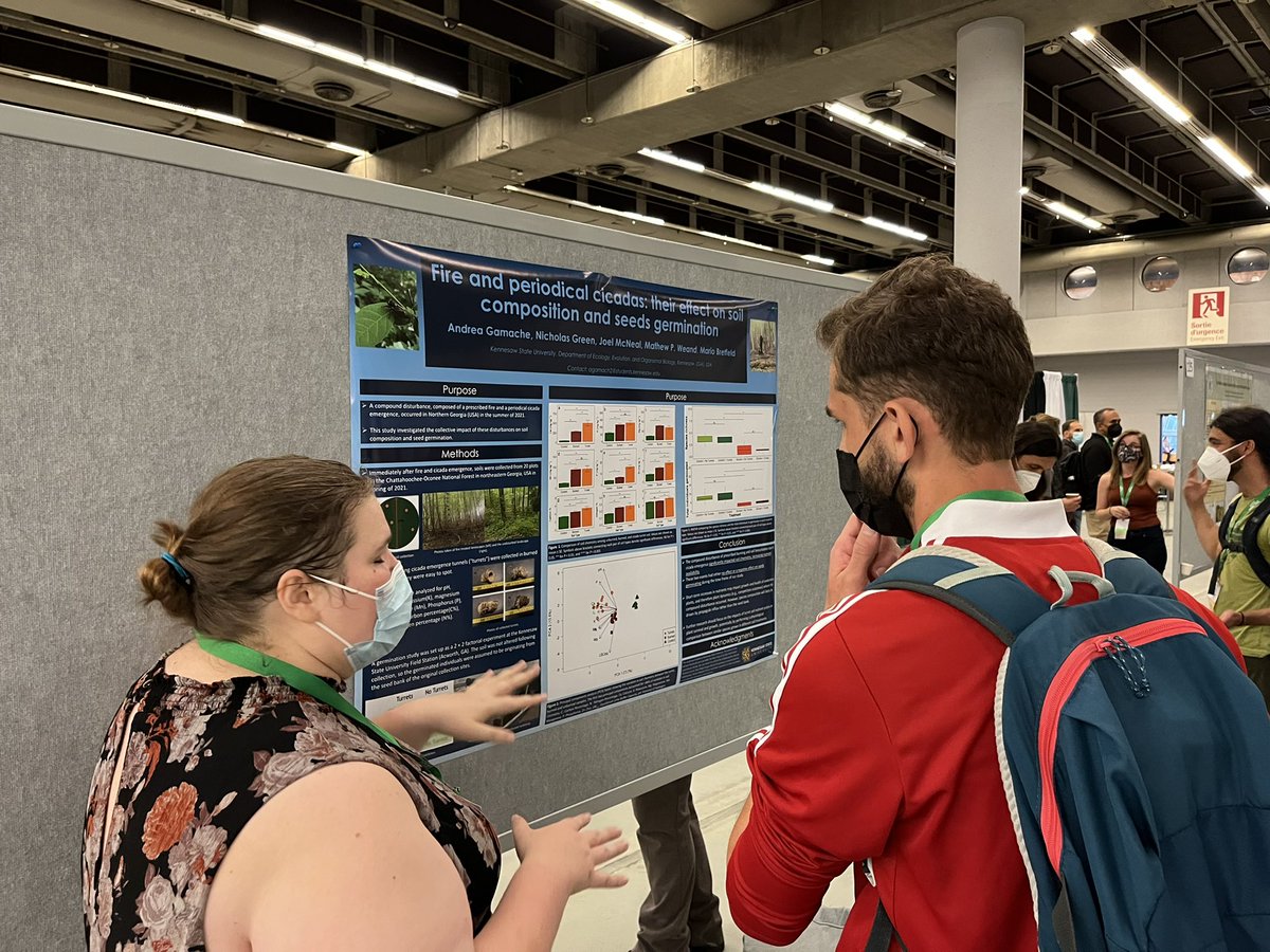 BretfeldMario's tweet photo. Best part of this career is seeing the growth of students: Recent @kennesawstate #MSIB graduate Andrea Gamache presenting her research on Cicada-Fire-Plant interactions at #ESA2022 in Montreal. @KSUresearch @KSUCSM https://t.co/ZiBSiLmN5M