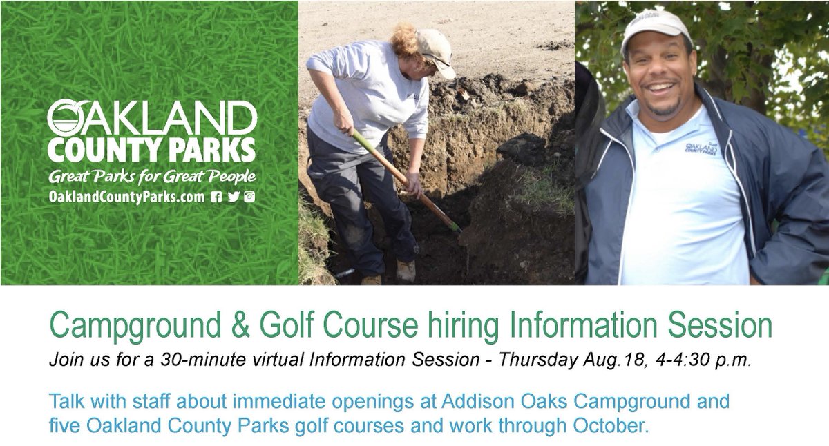 Discover what a job with <a href="/OCParksAndRec/">Oakland County Parks</a> can do for you! Join OCPR staff this Thursday at 4 p.m. during a virtual information session to learn about exciting hiring opportunities with Addison Oaks and five #OaklandCounty Parks golf courses! 

RSVP at bit.ly/32haHbC 🏕️⛳️