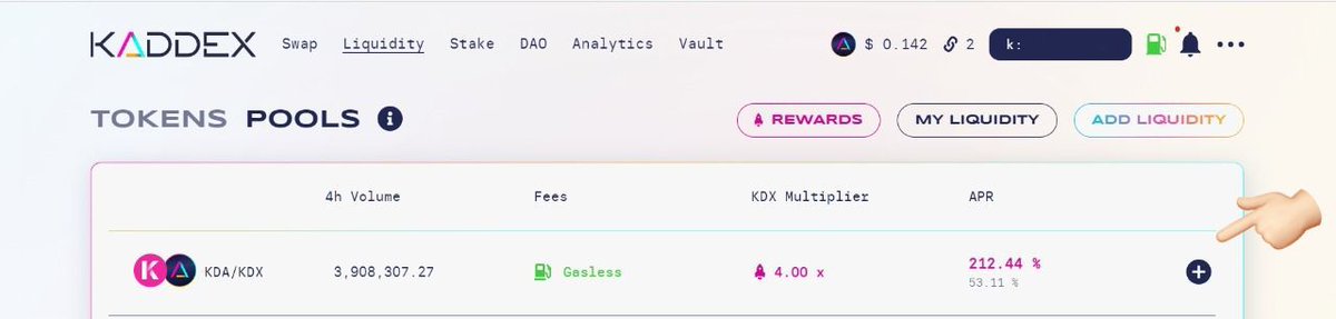 Debintech's tweet photo. Cómo aportar liquidez a un Pool en Kaddex?💢🧵‼️😏 $KDA
- Muy sencillo. 🤭
Ya conectada la Wallet y teniendo fondeada la cuenta, van a Liquidity, seleccionan Pools y hacen click en el + (en este caso KDA/KDX). https://t.co/mlSC2RVx9Q