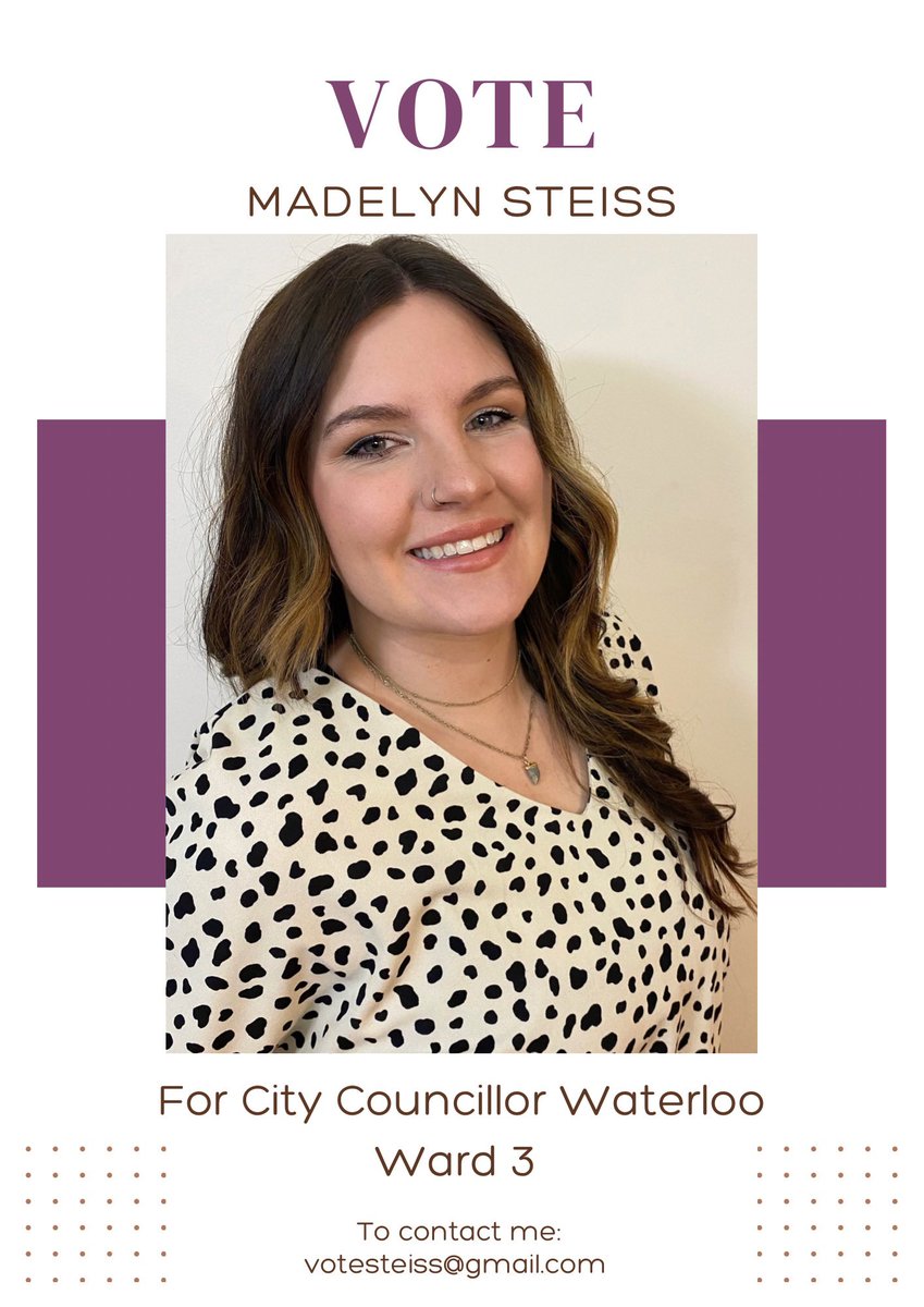 m_steiss's tweet photo. Hello, My name is Madelyn Steiss and I am your candidate for councillor in Waterloo, ward 3! To read about why I am running, check out my Facebook page! https://t.co/aw7KIPdxml https://t.co/XYpX72MERi