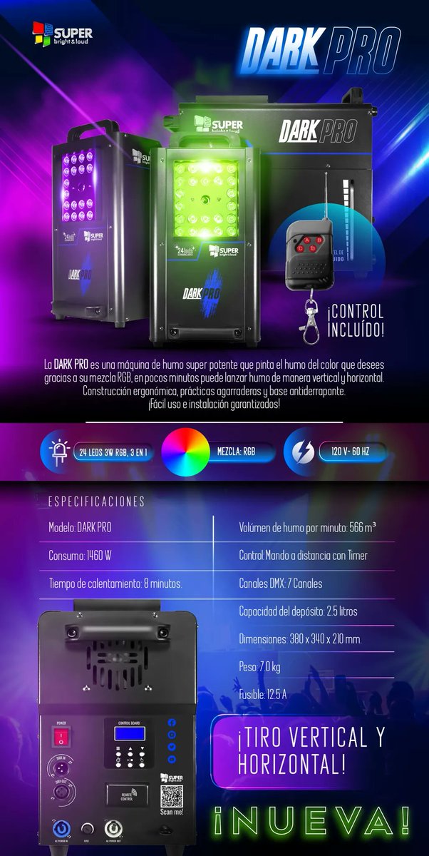 SuperB_Loud's tweet photo. #NUEVA Máquina de humo la #DarkPRO ofrece superpotencia y humo que se pinta del color que desees gracias a su mezcla #RGB, tiro: vertical y horizontal.
Construcción ergonómica, prácticas agarraderos y base antiderrapante. 
¡Fácil uso e instalación garantizada! ¡Ve por la tuya! https://t.co/QbPJJBDuBR