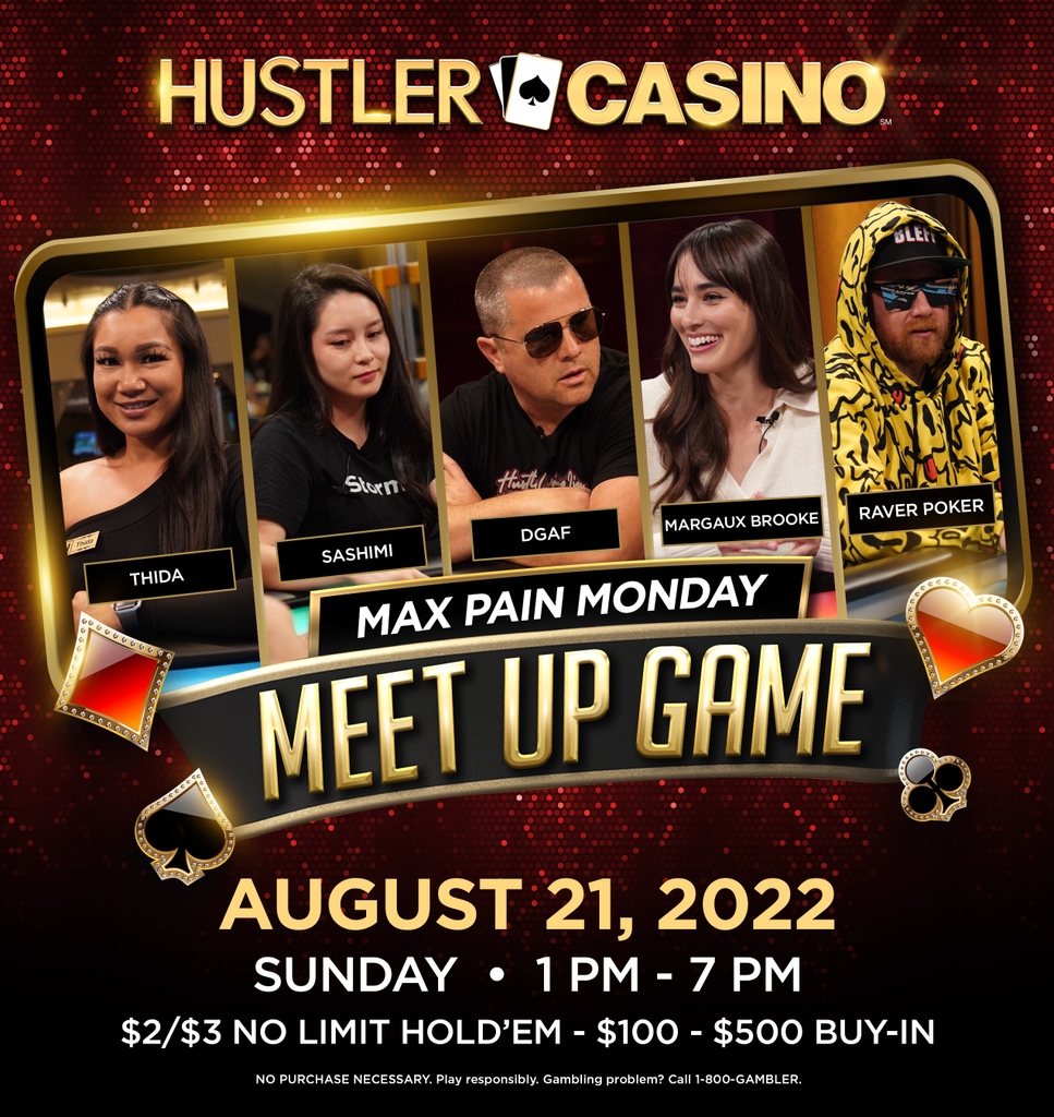 HUSTLERCASINOLA's tweet photo. MAX PAIN MONDAY @HCLPokerShow MEET UP GAME with @DGAFPokerPlayer @sashimipoker @margauxbrooke @raverpoker this coming Sunday from 1PM - 7PM! $2/$3 NLH $100 - $500 Buy-In! Sign up using the @pokeratlas app! #HUSTLERCasino #MaxPainMonday #MeetUpGames https://t.co/qQurMcwNXS