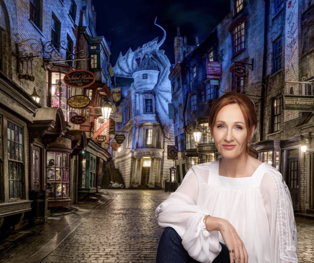 FakeDisneyFact's tweet photo. Universal announces for the first time ever, Diagon Alley will be home to a Scare Zone, in which multiple actors portraying JK Rowling will run around the land and make bigoted remarks at the guests https://t.co/z88kD3XXZA