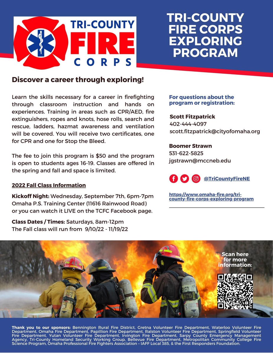 Registration for the Tri-County Fire Corps 2022 Fall Class is now live! This is a great opportunity for students to discover a career in the fire service through exploring. Class starts Sept 10th &amp; costs $50/student.

Visit scoutingevent.com/326-TCFCF22 to register today!