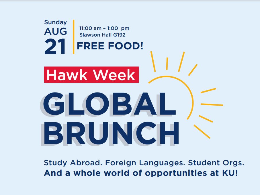 KUEastAsia's tweet image. Rock Chalk! It's Hawk Week!

Join CEAS at the Global Brunch this Sunday, August 21st. Everyone will be there: study broad, area studies centers, language programs, student organizations and more. Stop by the CEAS table and say hi!

#kustudyabroad #kuorientation #kugap
