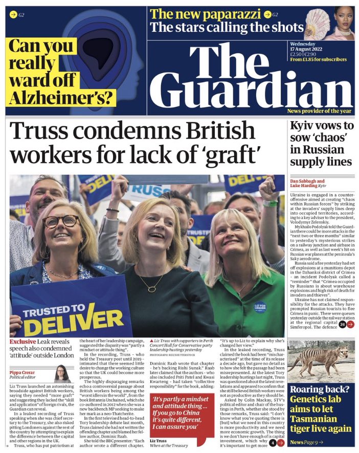 PippaCrerar's tweet photo. My first Guardian splash: Truss condemns British workers for lack of ‘graft’. 

https://t.co/ruxHm6ffZQ https://t.co/9kT9duPPRX