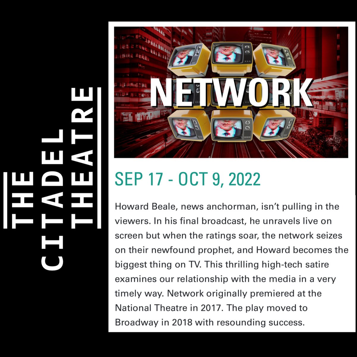 RichardYoungRY's tweet photo. My next acting gig: Network at freakin' @citadeltheatre !! A fantastic script based on one of my fav movies. My post-pandemic return to stage. And I get to explore #Edmonton as the seasons change?! I’m so giddy right now.

#network
#theatre
#canadiantheatre 
#actorslife https://t.co/uXx9rQGxyQ