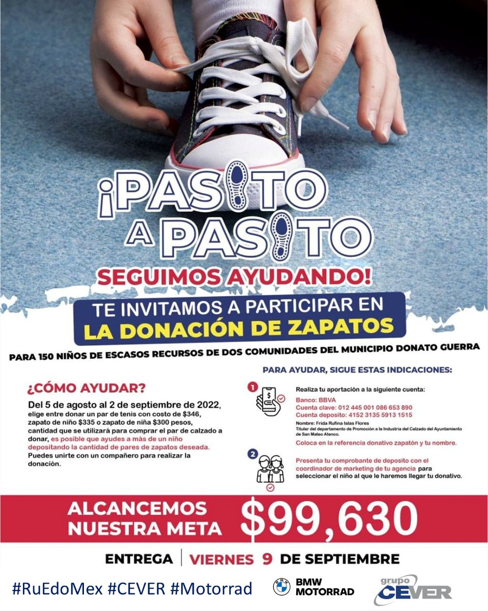 gdw97's tweet photo. 🥿👟#PasitoAPasito 👟🥿
Contento de ver que una idea más se vuelve realidad. L@s invito a participar en esta noble iniciativa en beneficio de niñas y niños de #DonatoGuerra, así como de productores de calzado de #SanMateoAtenco #Edomex
¡Échenle un ojo!👧🏻🧒🏻
#RuedoMex #CEVER https://t.co/9Z85PzwMr4