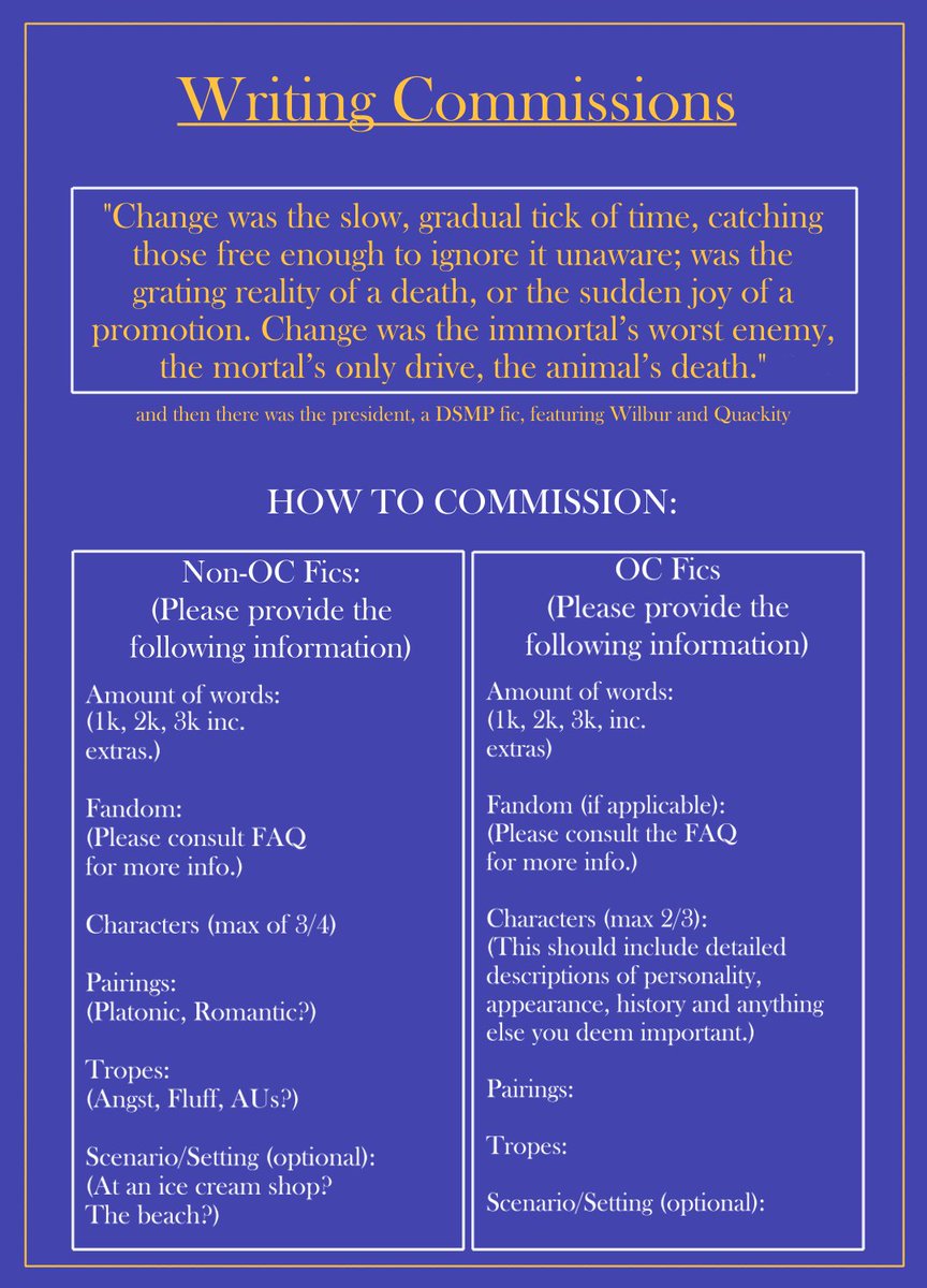 petriecope's tweet photo. I'm opening writing commissions! Please take a look at the attached images to see more of my work, steps on how to commission, and pricing! There are currently three slots open! My work will be displayed under this tweet in a thread. https://t.co/xrGqQ1Nz72