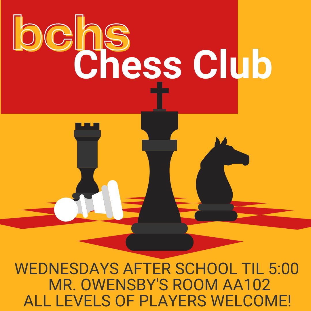 Chess Club is BACK‼️ 
All skill levels welcome! 
Wednesdays 3:45-5:00.  
Mr Owensby’s Room AA102.