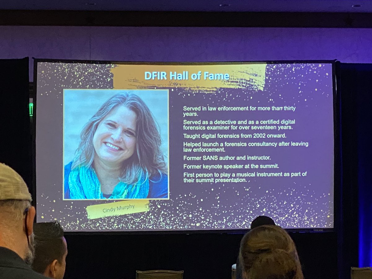 4enzikat0r's tweet photo. Congratulations to @CindyMurph for being inducted into the #DFIR hall of fame this year at the #DFIRSummit #4castAwards 👏 https://t.co/RjNdf02ZUh