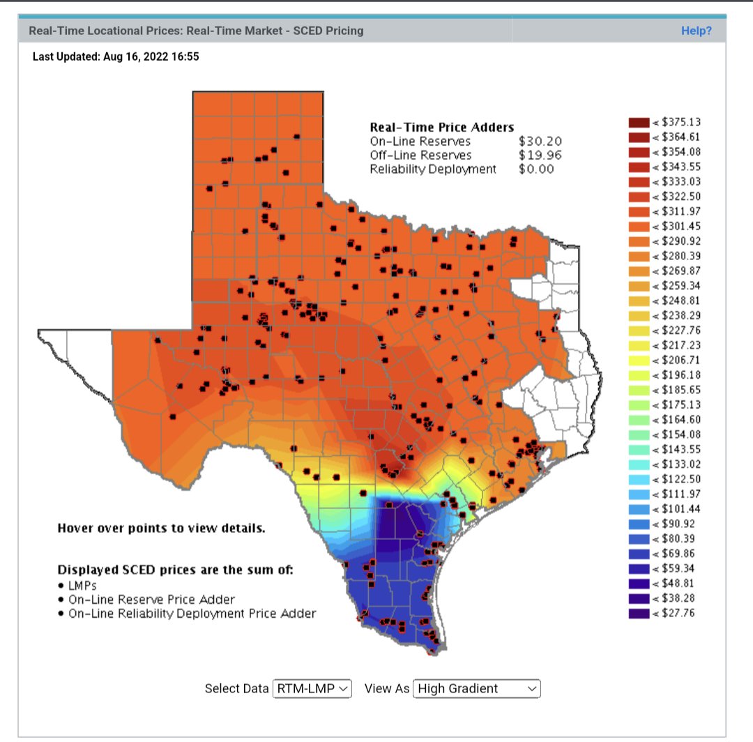 douglewinenergy's tweet photo. ERCOT's IMM told the Board today that transmission congestion has cost Texans $2.1b so far this year. That number's going even higher today. See the map below. There's likely a good summertime evening coastal breeze trapped bc there's not enough transmission. #txlege #txenergy https://t.co/yWr7ldYMnB