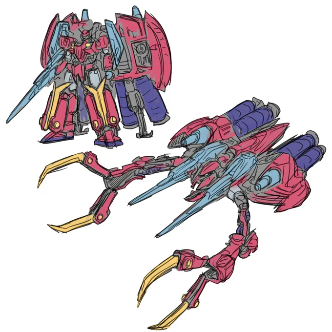 ガンダムXでゲテモノガンダム見てからずっとあーゆーのに憧れ続けている これは昨日から考えてる変形するガンダム 折りたたまれた足が伸びて巨大クロー 両腕にライフル持たせてビーム砲2門 胸部が頭 腰部が口になる 1/144サイズで再現可能 