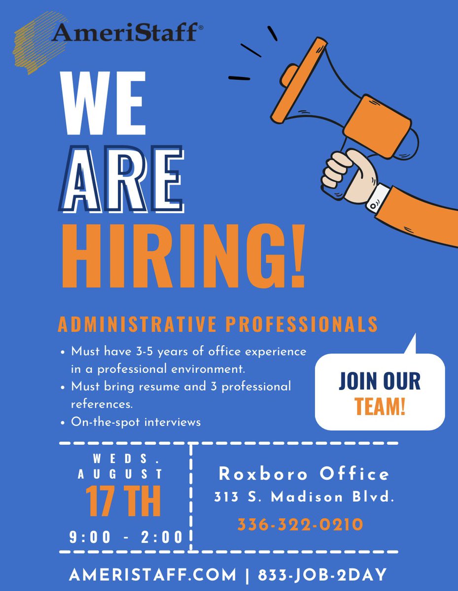 AmeriStaff's tweet photo. ATTENTION ROXBORO! We’re hosting a Hiring Event for experienced administrative professionals Wednesday, August 17th. We’ll be reviewing resumes, references and conducting on-site interviews from 9:00-2:00 at our Roxboro Office. #nowhiring #jobfair #hiringevent https://t.co/O603JB4zBY