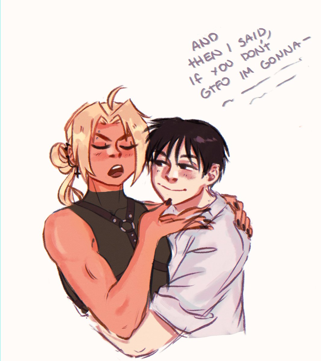 rizasgun's tweet photo. More super late @royedpalooza bingo stuff, for "modern au". 
Ed's the bouncer at Chris' bar. He likes to sit on Roy's lap after work and complain about customers. #royed https://t.co/8MhHu4Iq3J