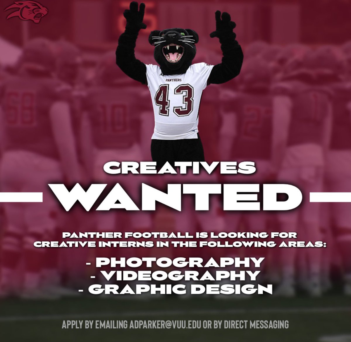VUU_Football's tweet photo. VUU Students we need you, the VUU Football program is looking for creators in the following areas:
Photography 
Videography 
Graphic Design 
Production 
If interested please email adparker@vuu.edu or send a direct message 
#PLAY411 #VUUFootball https://t.co/831Jx0jE4O