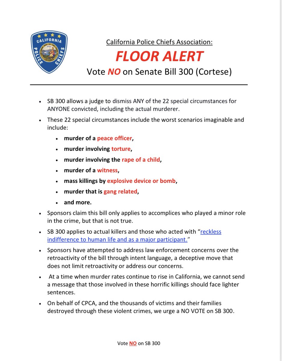 CAPoliceChiefs's tweet photo. SB 300 would lower sentences for the most violent offenders at a time when homicide rates are rising throughout CA. Call your Assemblymember and tell them to vote NO on SB 300. #CalChiefs #PSAC #SB300 #Crime #publicsafety #CAleg https://t.co/OFqm8zWixP