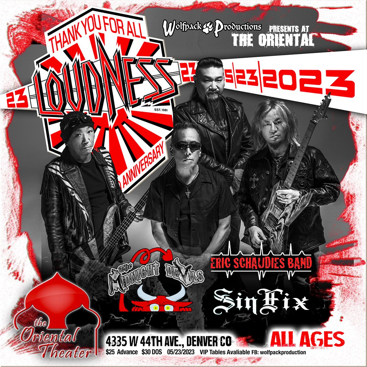Just Announced! @LOUDNESS_INFO @theorientalthea #Denver CO / May 23 2023 7:00pm with @MidnightDevils & More! Grab #tickets tickets.holdmyticket.com/tickets/398895 & tables quick as not to miss this #RocknRoll #CrazyNight by @WolfpackProd