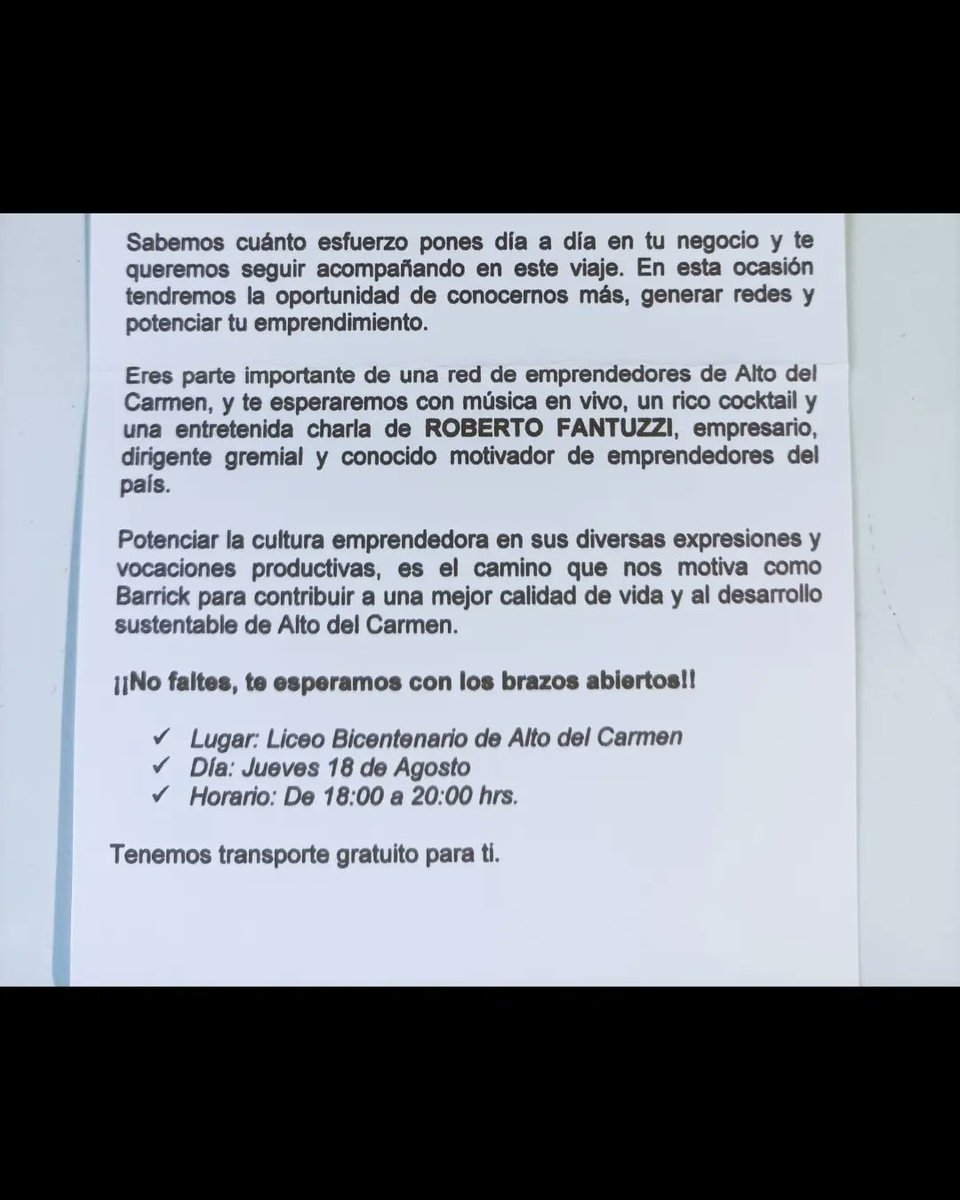 Carta pública al Director Ejecutivo del Servicio Local de Educación Pública (SLEP) por actividad de Barrick en Liceo Alto del Carmen.

NO MÁS IMPUNIDAD PARA PASCUA LAMA ¡BASTA!