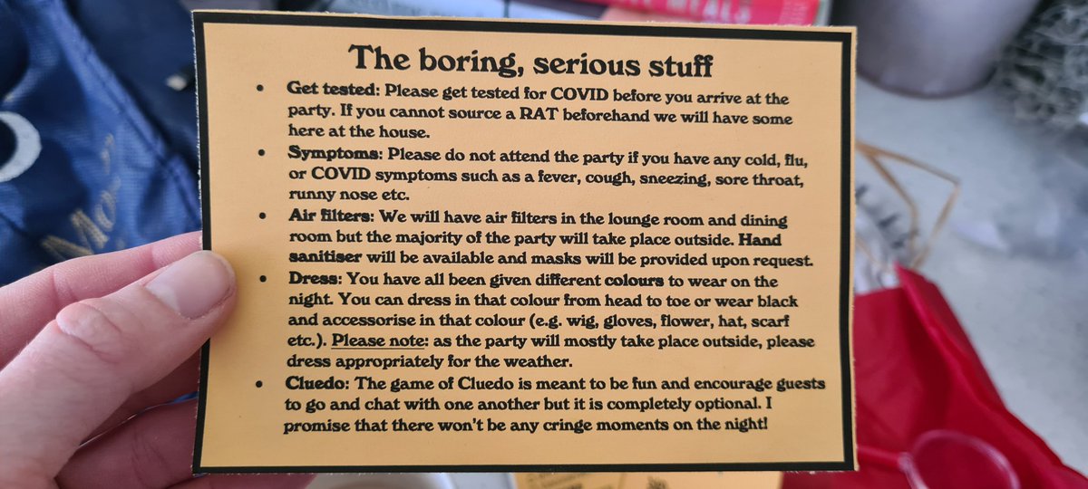 gillyminn's tweet photo. When @andrewzur hosts a #Cleudo themed party and ALL of the planning is on point ๐ค๐ฅณ
Images: 2 photos of parts of hard copy invitation
1. cluedo game play pack with magnifying glass, notebook/case file & pencil
2. flyer w/ notes about pre party RATS, ventilation, dress code https://t.co/WRsKrvrlhU