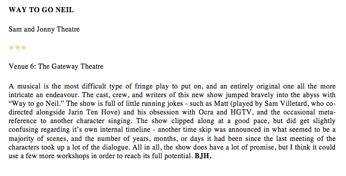 FRINGE REVIEW: WAY TO GO NEIL (THREE STARS) with Sam and Jonny Theatre
 
<a href="/edmontonfringe/">Edmonton Fringe</a>
 #yegfringe