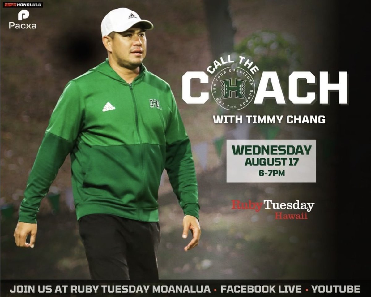ESPNHonolulu's tweet photo. It's been a minute...but we're back tomorrow with another Call the Coach with @CoachTimmyChang hosted by @gojohnnygo29! 

Join us at Ruby Tuesday in Moanalua Shopping Center from 6pm-7pm! Hope to see you there! 
...
#callthecoach #hawaiifb #timmychang #rubytuesday #braddahhood https://t.co/A4X422KdWR