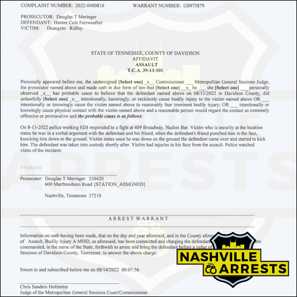 nasharrests's tweet photo. #FortCampbell soldier Hunter Cole Fairweather of #ClarksvilleTN was booked into the Metro Nashville Jail on August 13th, charged with disorderly conduct and assault. A judicial commissioner set his bond at $1,500 and the Davidson County Sheriff’s Office gave him p#PreTrialRelease https://t.co/6OM8dWBx7u