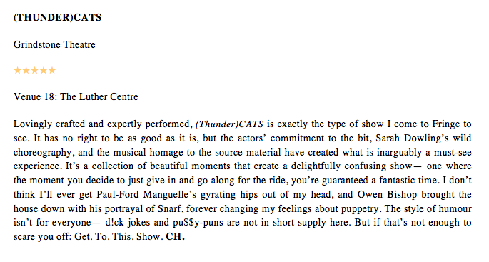 FRINGE REVIEW: (THUNDER)CATS gets a big (FIVE STARS) from us! Congrats to everyone at <a href="/Grindstoneyeg/">Grindstone Theatre</a> 
 
<a href="/edmontonfringe/">Edmonton Fringe</a>
 #yegfringe