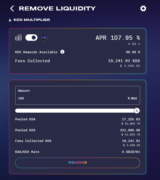 Ha! 

I deposited 30K KDA one and a half weeks ago. Now, I have over 27000 KDA on one side of the pool. Its like I have just been handed over 300,000 KDX free of charge lol. Pretty sweet!