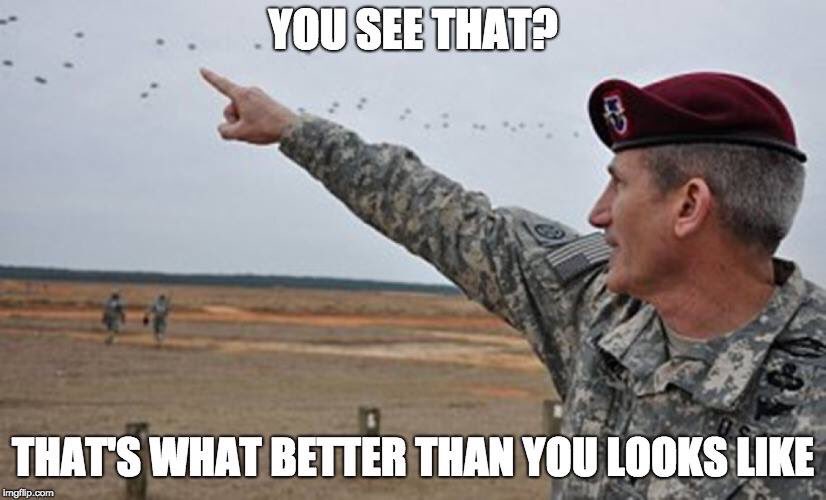 BunkerGear_Gal's tweet photo. In honor of #NationalAirborneDay I feel it encumbent upon myself to send this meme to all the Legs out there.
With nothin' but love for y'all. Nothin' but love.
#YWFOS Signed, #LGOPs everywhere. https://t.co/SQid1BNQVO