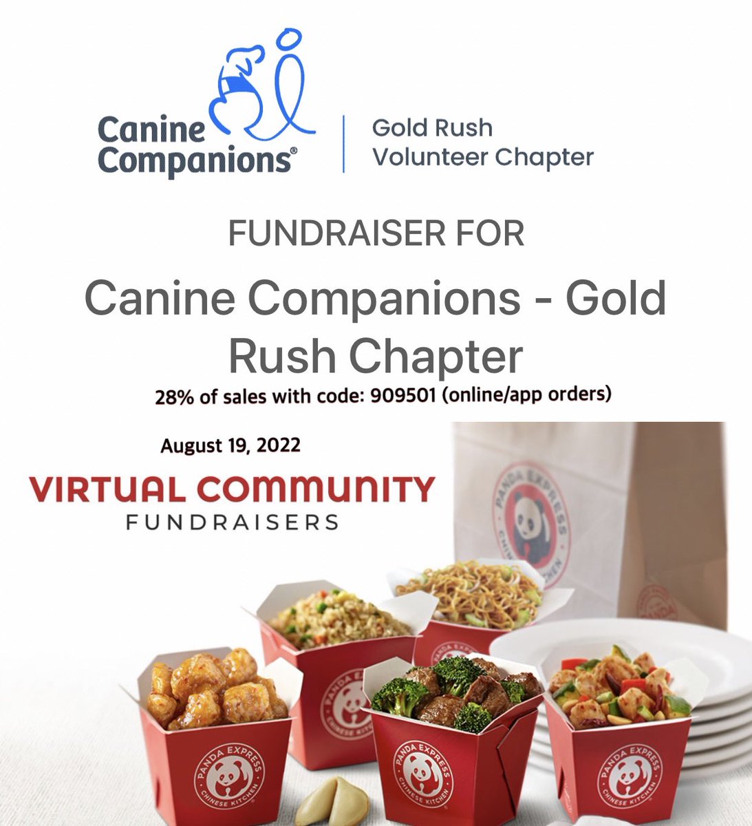 Friday! <a href="/PandaExpress/">Panda Express</a> fundraiser for <a href="/canineorg/">Canine Companions®</a> with 28% of sales using code 909501 (app/online) going back to Canine Companions! This is a nationwide fundraiser!