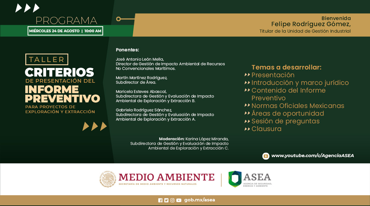 agencia_asea's tweet photo. ¿Tienes dudas respecto del contenido de las guías para la elaboración de los #InformesPreventivos?
La #ASEA impartirá un taller virtual sobre el tema:
📢 Difusión de criterios de presentación del #InformePreventivo para proyectos de Exploración y Extracción.
#YouTubeASEA https://t.co/bG5tk6Ur2A