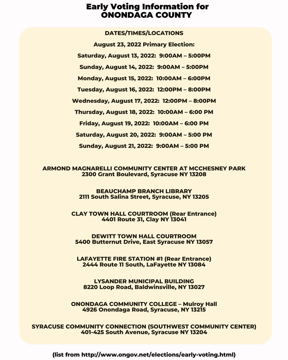 samrobertsny's tweet photo. Not sure when and where you can vote early in Onondaga, Oneida and Madison Counties? #NY22 https://t.co/OvNqIk4SgY
