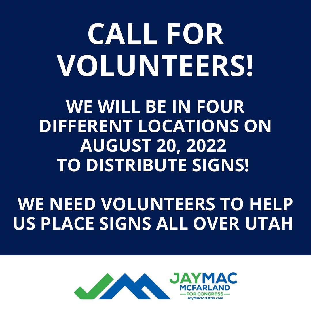 JayMcfarland's tweet photo. This Saturday we will be distributing signs to volunteers in four areas of Utah’s 2nd Congressional District. 

Come grab a sign for you and your neighbor! 

If you have any questions please feel free to message our campaign on our social media accounts! #Utah #JayMacforCongress https://t.co/rSkGVh3SZu