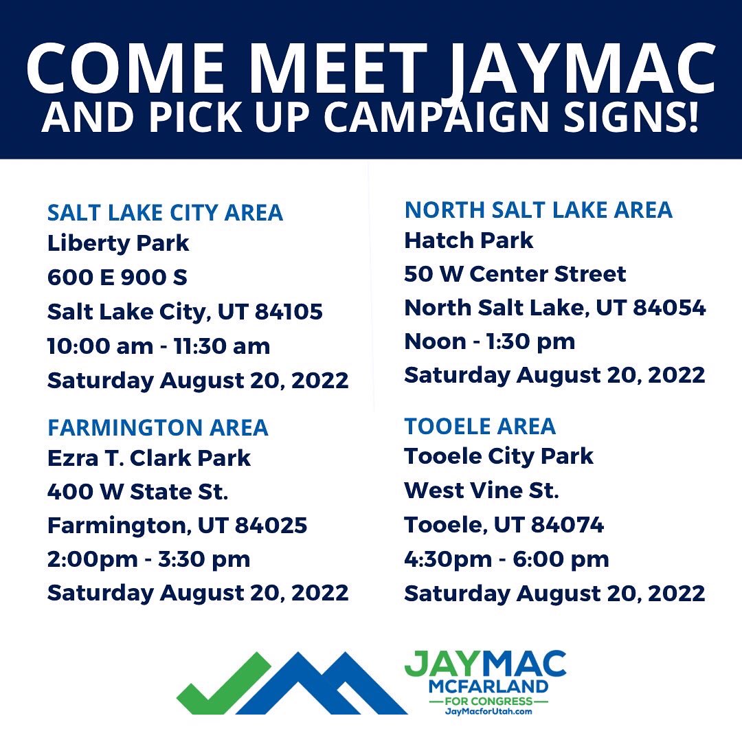 JayMcfarland's tweet photo. This Saturday we will be distributing signs to volunteers in four areas of Utah’s 2nd Congressional District. 

Come grab a sign for you and your neighbor! 

If you have any questions please feel free to message our campaign on our social media accounts! #Utah #JayMacforCongress https://t.co/rSkGVh3SZu
