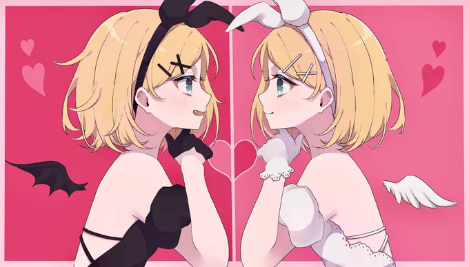 ピアプロ運営です。本日は「ハート」作品をご紹介!あおみどりさんの悪魔と天使なリンちゃん!どちらもとっても可愛くて素敵なデザインですね…!(≧∇≦)【】 #piapro  #鏡音リン 