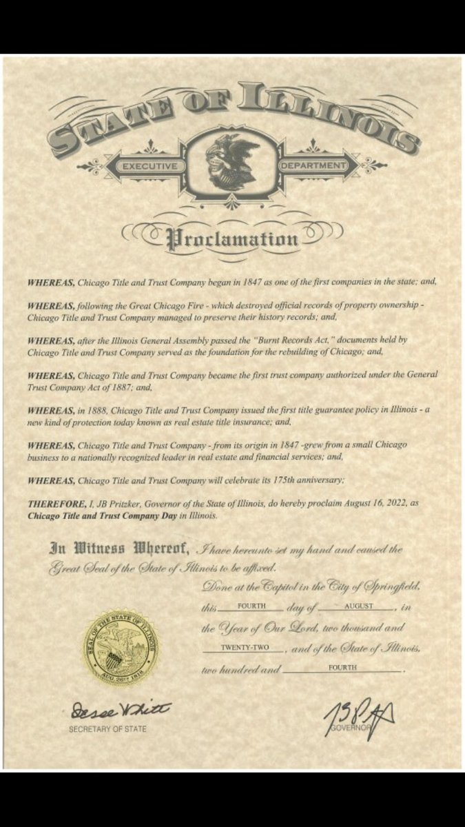 ALMA_Agency's tweet photo. By order of the Governor of Illinois and the Mayor of the City of Chicago, August 16th has been declared Chicago Title and Trust Company Day in honor of our 175 year anniversary &amp;  in recognition of Chicago Title’s role in rebuilding the city after the Great Chicago Fire of 1871. https://t.co/zY41EjHv49